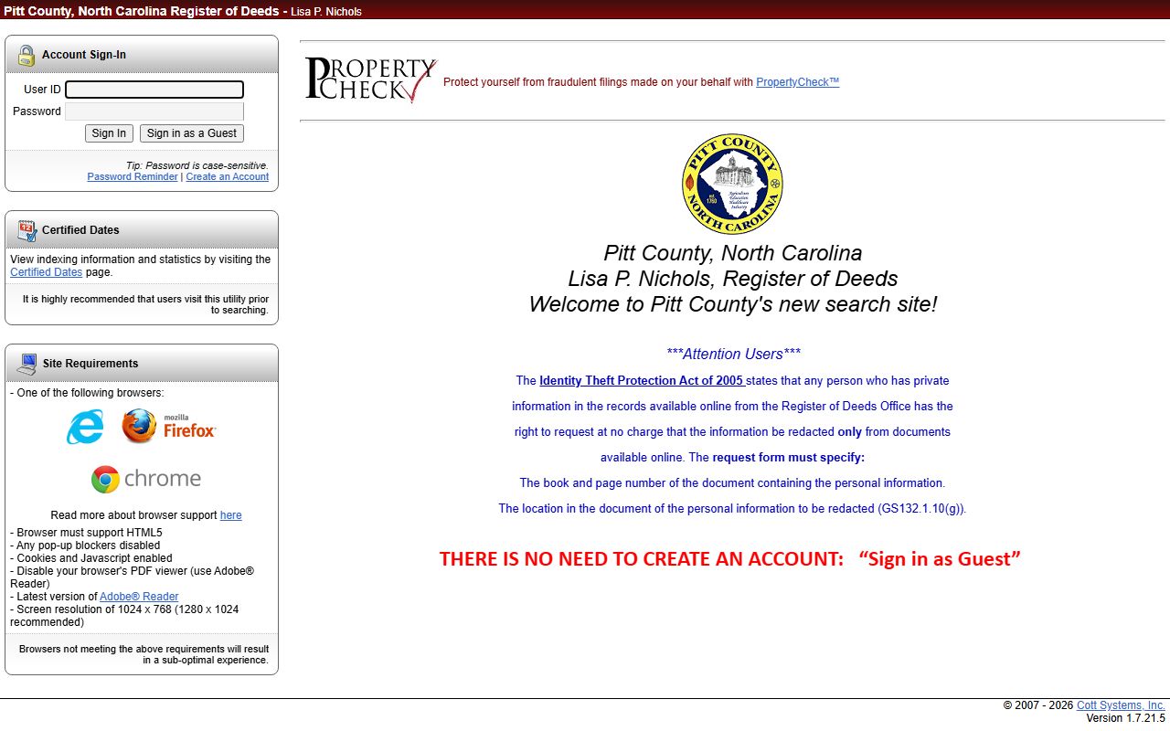 Pitt County Clerk of Superior Court Register of Deeds eSearch portal