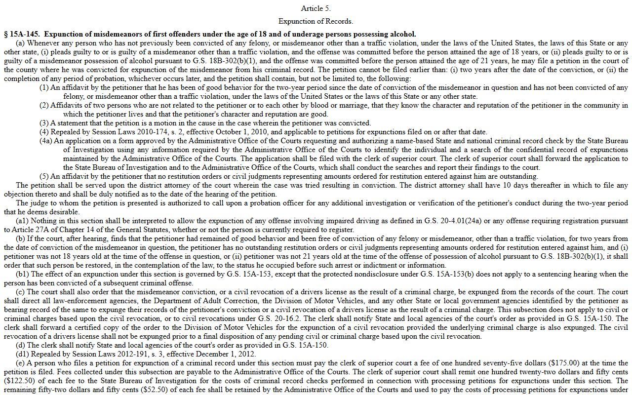Pitt County criminal court records Chapter 15A expunction statutes
