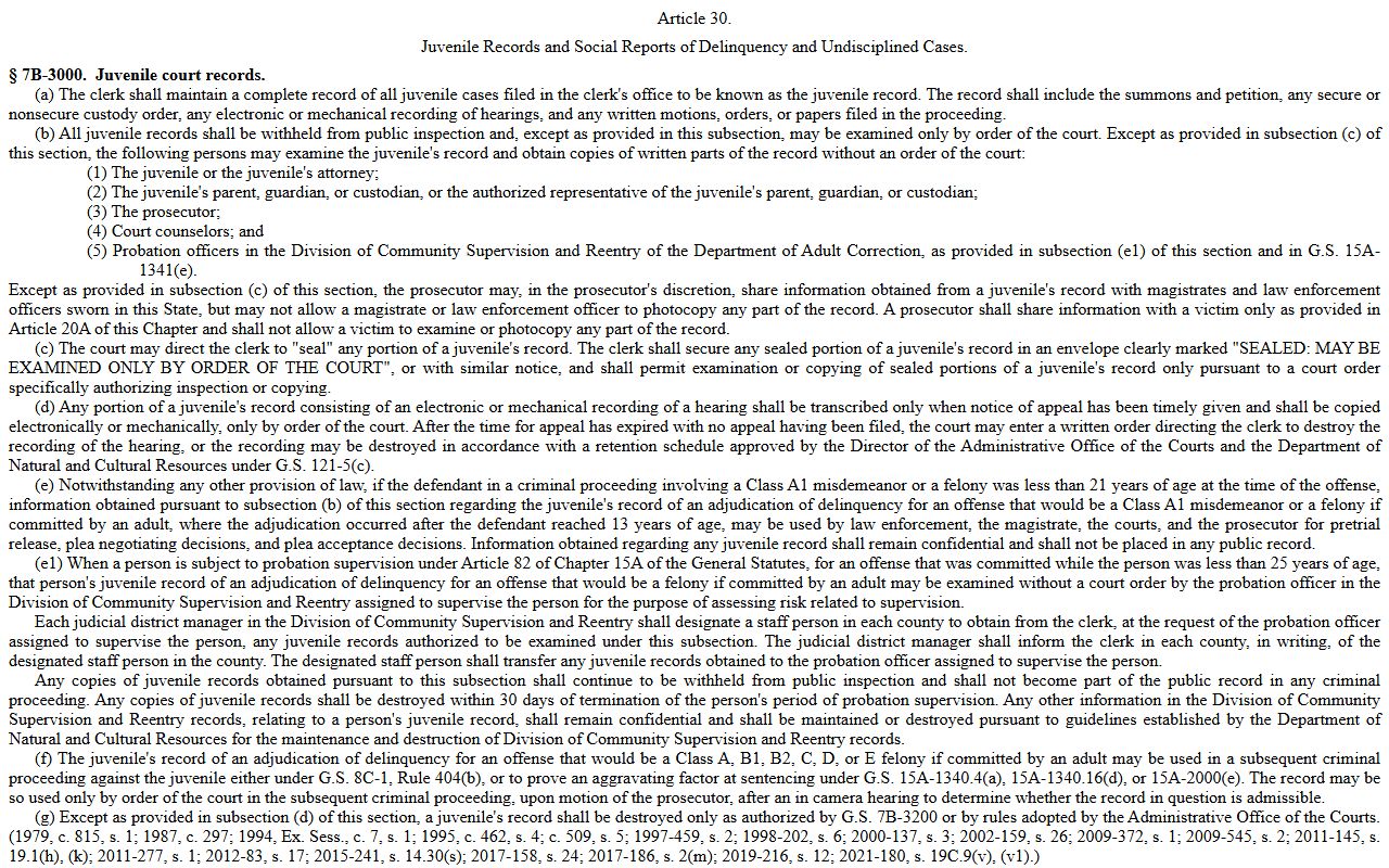 Pitt County criminal court records juvenile confidentiality statute