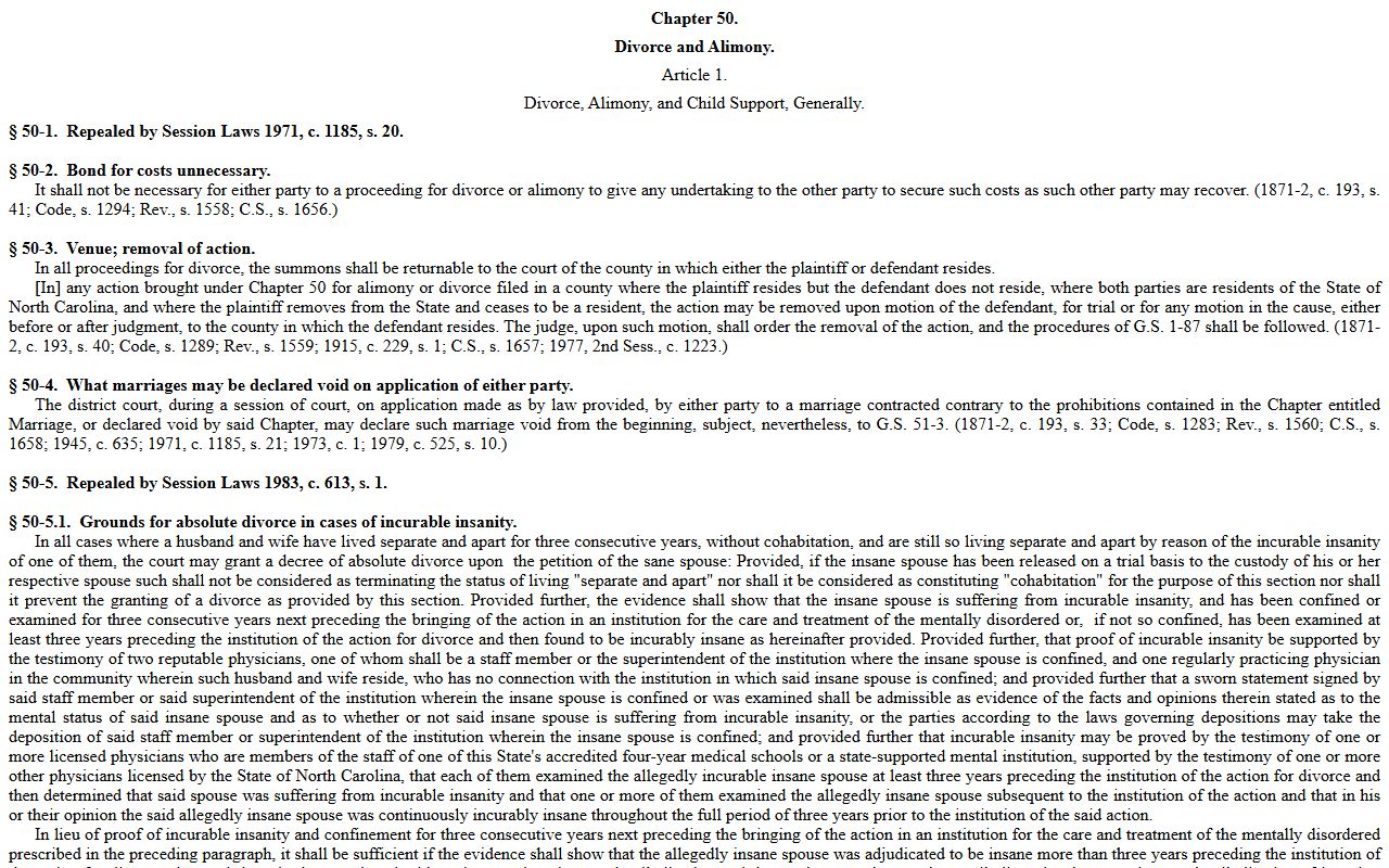 Pitt County divorce records Chapter 50 divorce statutes