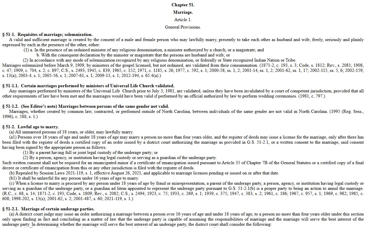 Pitt County marriage records Chapter 51 marriage statutes
